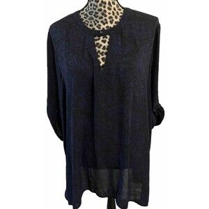 Torrid Top Blouse Size 2 Blue Black Print Shark Bite Roll Tab Front Key Hole